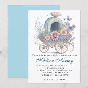 Trendig blå och rosa blommig barnvagn Baby Shower Inbjudningar