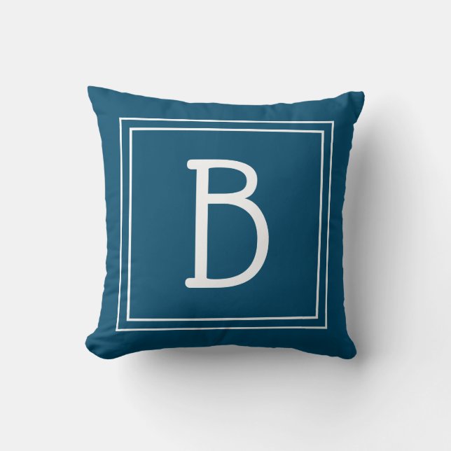 Trendig blå och vit monograminitial i ram kudde (Framsida)