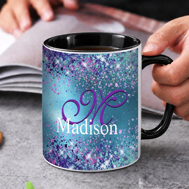 Trendig blå rosa iriserande glittermonogram mugg (Skapare uppladdad)