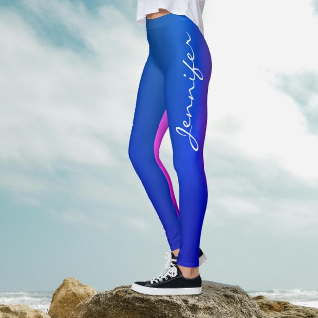 Trendig Blå Rosa Tvåfärgsgradient Vit Skrift  Leggings (Skapare uppladdad)