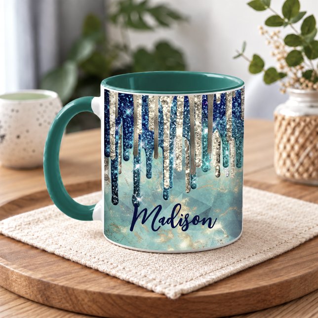 Trendig blå turkos guld glitter droppar monogram mugg (Skapare uppladdad)