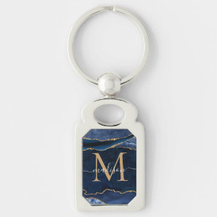 Trendig Blåblått Guld-agate Geode Glitter Monogram Rektangulärt Silverfärgad Nyckelring