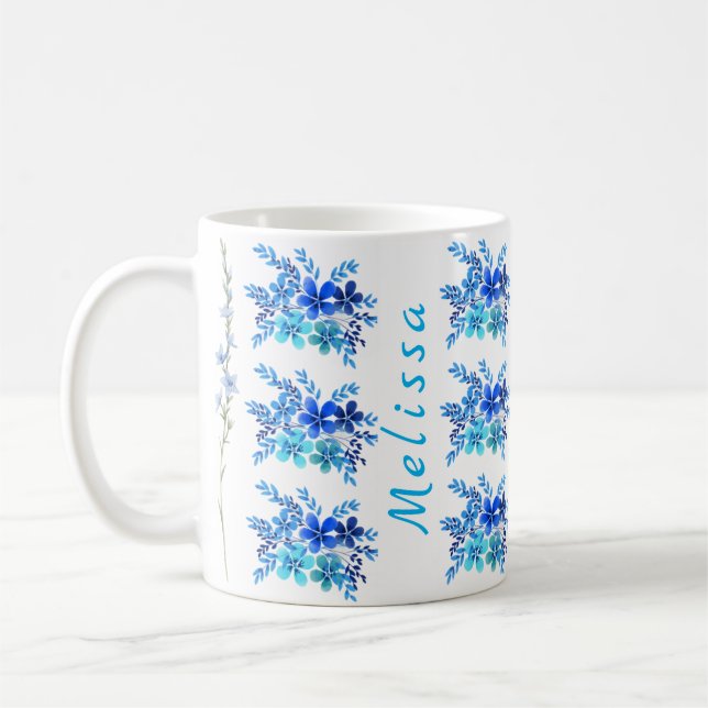 Trendig Blåblått vattenfärgsblommor Kaffemugg (Vänster)