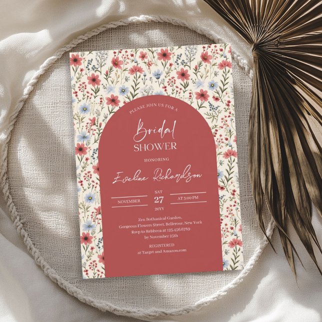 Trendig: Blåblomma av korall Inbjudningar (Trendy arch watercolor coral dusty blue wildflower invitation)