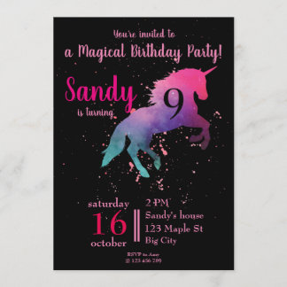 Trendig Black and rosa Magic Unicorn Birthday Inbjudningar