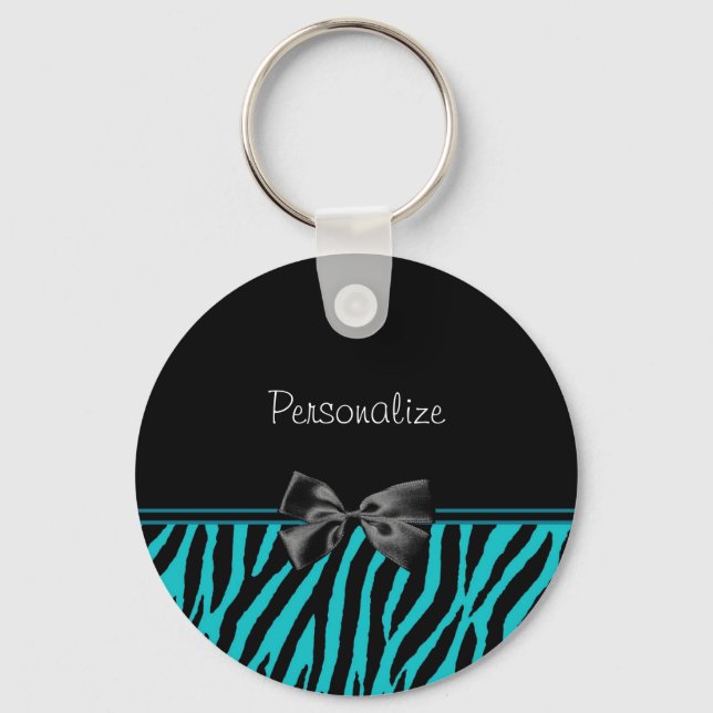 Trendig Black and Teal Zebra tryck med ribbon Nyckelring (Framsida)