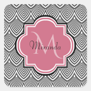 Trendig Black Arched Scallops Rosa Monogram Namn Fyrkantigt Klistermärke