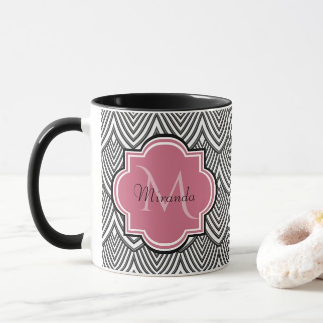 Trendig Black Arched Scallops Rosa Monogram Namn Mugg (Med munk)