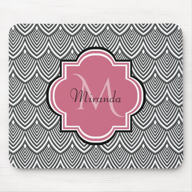 Trendig Black Arched Scallops Rosa Monogram Namn Musmatta (Framsidan)
