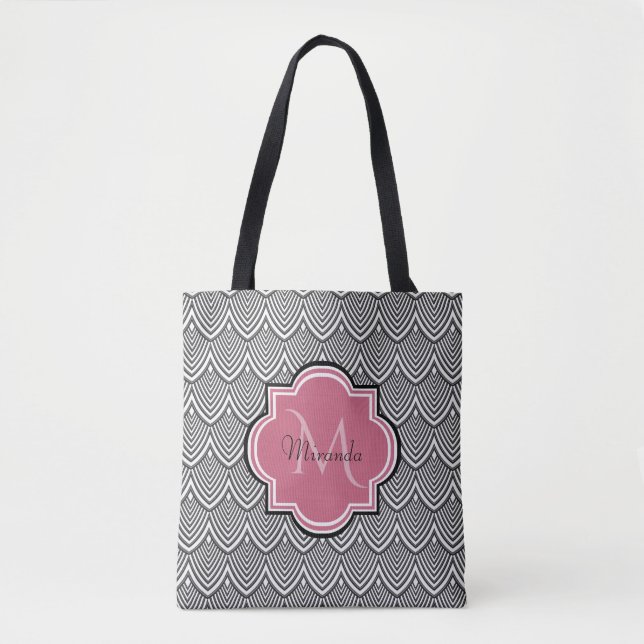 Trendig Black Arched Scallops Rosa Monogram Namn Tygkasse (Framsida)