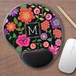 Trendig Black Blommönster med Anpassningsbar Monog Gel Musmatta<br><div class="desc">En snygg design med trendig Vår blommor och ett djärvt sätt att visning dina monogram.</div>