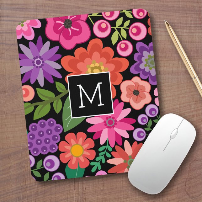 Trendig Black Blommönster med Anpassningsbar Monog Musmatta (Custom Mouse Pad - Add Monogram to this colorful floral design)