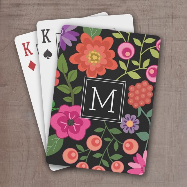 Trendig Black Blommönster med Anpassningsbar Monog Spel Kort (Add a name or monogram to these personalized playing cards.)