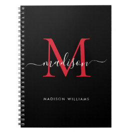 Trendig Black Burgundy Red Monogram skript Namn Anteckningsbok