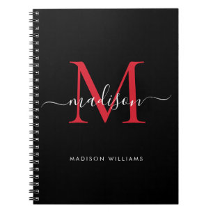 Trendig Black Burgundy Red Monogram skript Namn Anteckningsbok