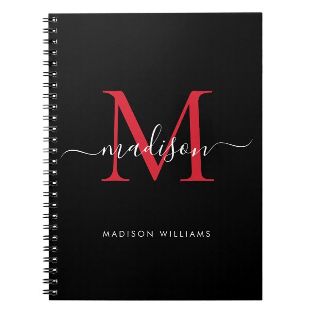 Trendig Black Burgundy Red Monogram skript Namn Anteckningsbok (Framsidan)