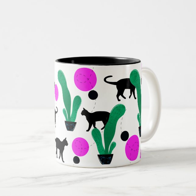 Trendig Black Cat och Cactus Mönster Två-Tonad Mugg (Framsida höger)