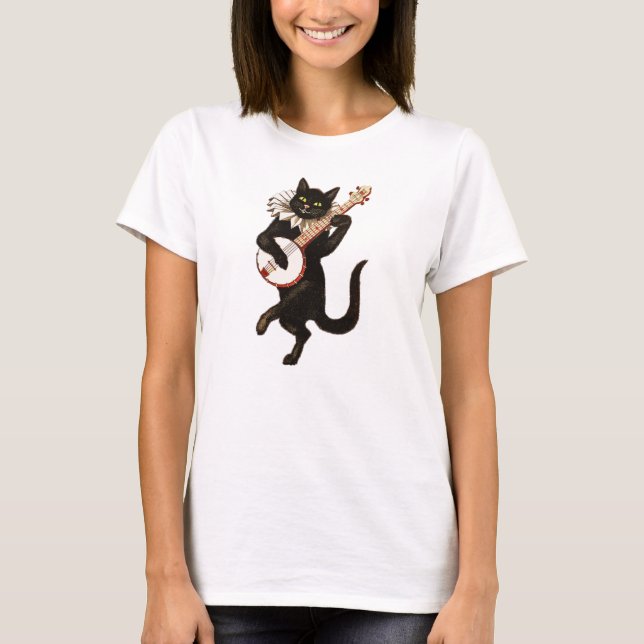 Trendig Black Cat som spelar Banjo T Shirt (Framsida)