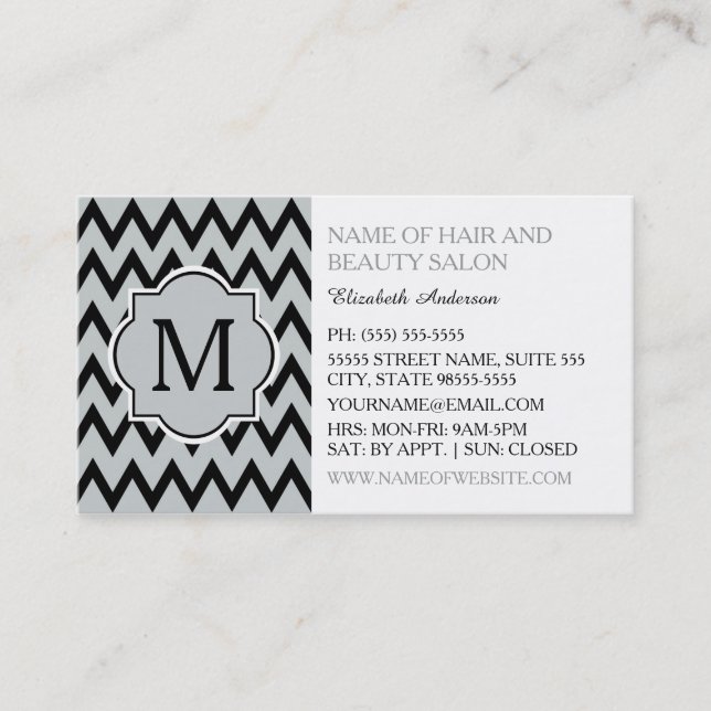 Trendig Black Chevron Zigzag Monogram Hairstylist Visitkort (Framsida)