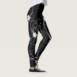 Trendig Black Färg White Swirl och Flower Leggings