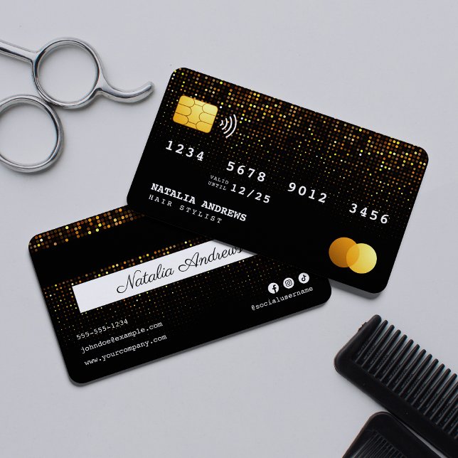 Trendig Black Guld Gnistra Hairdresser Kredit Card Visitkort (Skapare uppladdad)