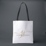 Trendig Black Guld Monogram Initial Script Namn Tygkasse<br><div class="desc">Ta med dig stil vart du än går med den här elegantens monogram till väskan. Designad med ett snyggt skript i guld som initialer parats med ett förfinat serif namn blandar modern sofistikering med vardaglig funktion. Perfekt för pendling, resor eller för att hålla det viktigaste organiserat på arbetsplatsen gör denna...</div>