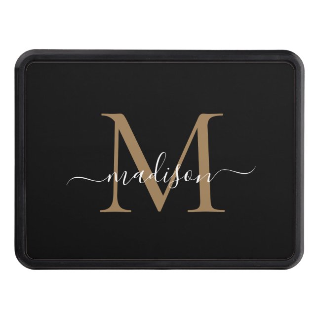 Trendig Black Guld Monogram Script Namn Initial Dragkroksskydd (Framsidan)