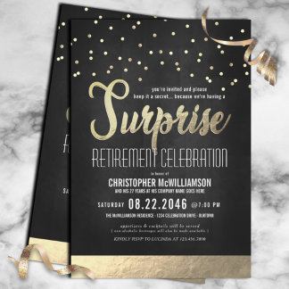 Trendig Black/Guld Surprise Pension Party Inbjudningar