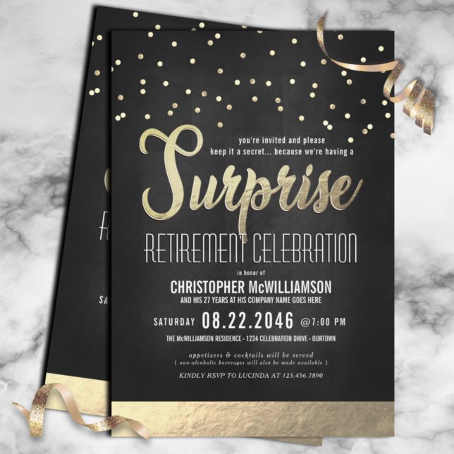 Trendig Black/Guld Surprise Pension Party Inbjudningar (Skapare uppladdad)
