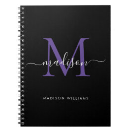 Trendig Black Lila Violet Monogram Script Namn Anteckningsbok