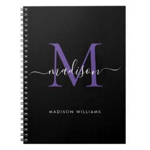 Trendig Black Lila Violet Monogram Script Namn Anteckningsbok