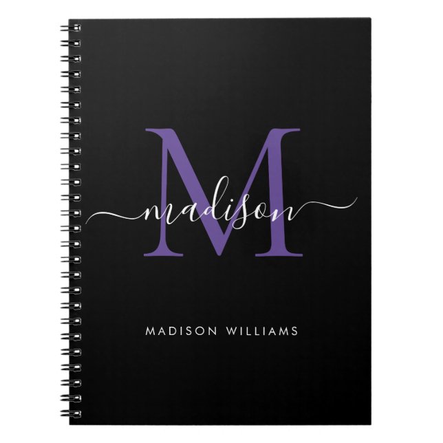 Trendig Black Lila Violet Monogram Script Namn Anteckningsbok (Framsidan)