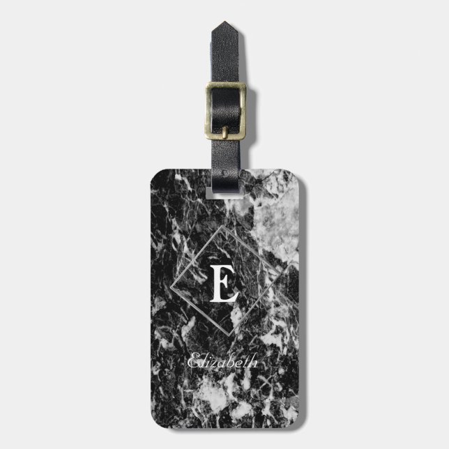 Trendig Black Marble ,Ram Monogram-Personlig Bagagebricka (Vertikal Framsida)