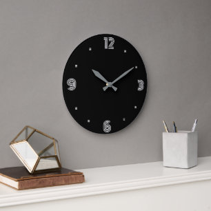 Trendig Black med Silver White Numerals och Händer Stor Klocka