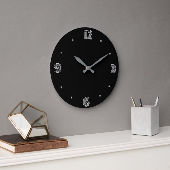 Trendig Black med Silver White Numerals och Händer Stor Klocka (Kontor)