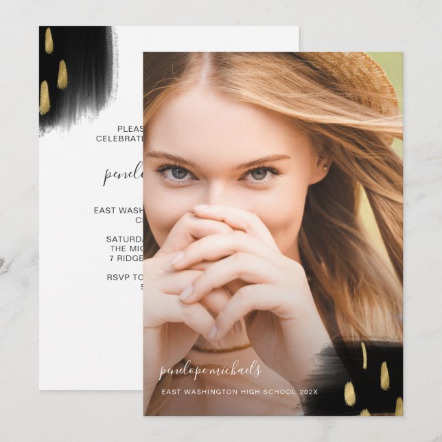 Trendig Black och Guld Stänk Studentfest Inbjudningar (Fram/baksida)