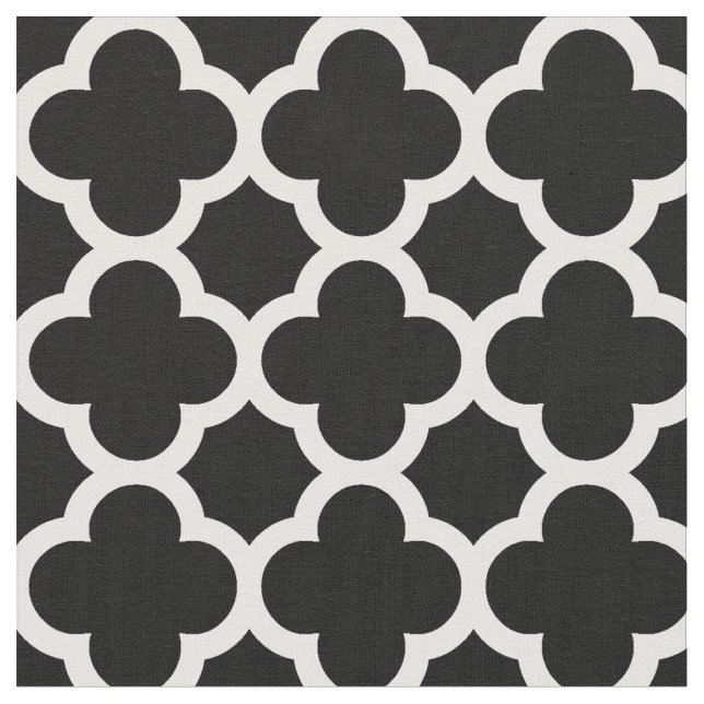 Trendig Black Retro Chic Quatrefoil Trellis Mönste Tyg (Närbild)