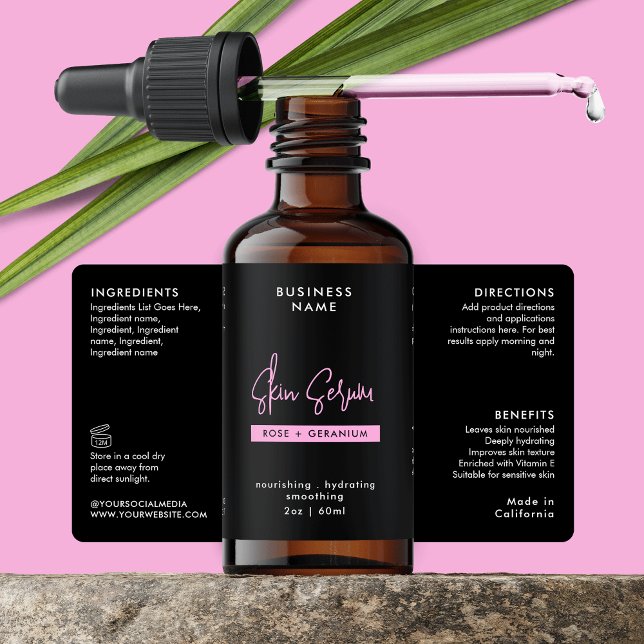 Trendig Black & Rosa 2 OZ Dropper Flaska-etikett Fraktsedel (Trendy Black & Pink Dropper Bottle Wraparound Label Design)