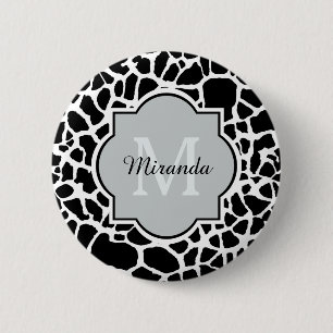 Trendig Black White Giraffe Print Monogrammed Namn Knapp