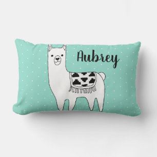 Trendig Black & White Llama & Swiss Dots in Mint Lumbarkudde