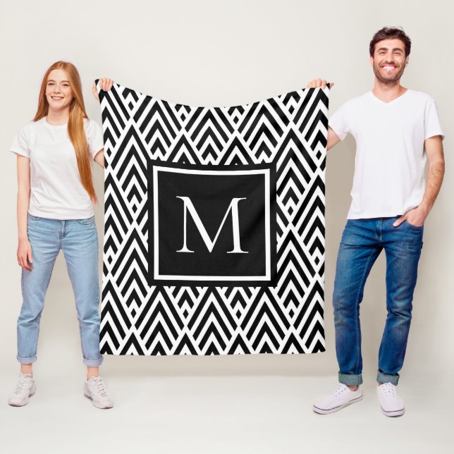 Trendig Black White Monogram Pil Diamond Mönster Fleecefilt (På plats)