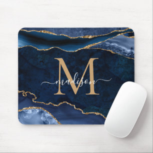 Trendig Blått Guld-Gnistra Agate Geode Monogram Musmatta