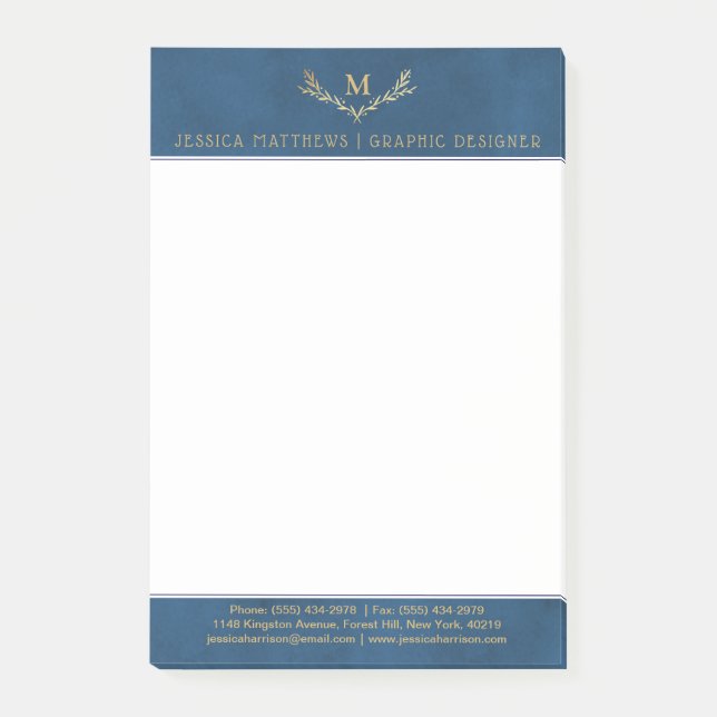 Trendig Blått och guldfetter Monogram andedräkt Post-it Block (Framsida)