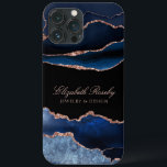 Trendig Blått Ro Guld Black Business<br><div class="desc">Modern Elegant Navy Blue Ro Guld Black Business iphone case. En fantastisk mångsidig utformning som visar hur man ser på att marinblått agate geode water color abstrakt art med ro guld glitter accents. Bakgrunden visas i Svart med anpassade som visas i ro guld rosa färg. Anpassa med ditt företag namn...</div>