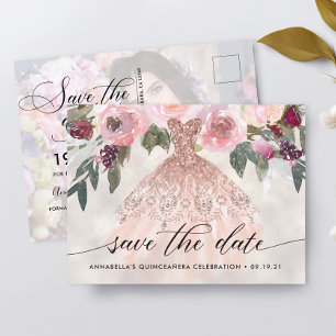 Trendig Blommig Foto Quinceañera Spara Datumet Vykort