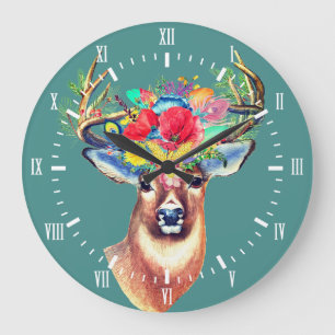 Trendig Blommigt Hjort Antlers Illustration Stor Klocka