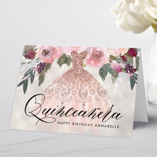 Trendig Blommigt Quinceañera Birthday Kort (Skapare uppladdad)