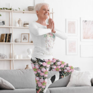 Trendig Blommigt Rosa Black White Mönster Monogram Leggings