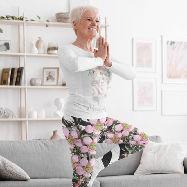 Trendig Blommigt Rosa Black White Mönster Monogram Leggings (Skapare uppladdad)