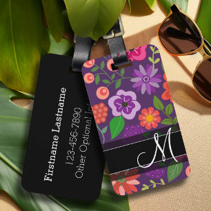 Trendig Blommönster Lila och svart monogram Bagagebricka